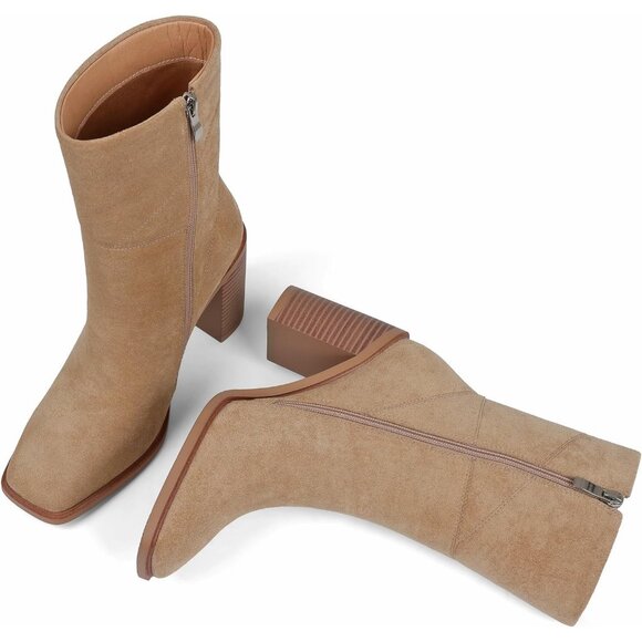 Women's Tan Ankle Boots Chunky Heel Square Toe Side Zipper Casual Booties - Picture 5 of 6